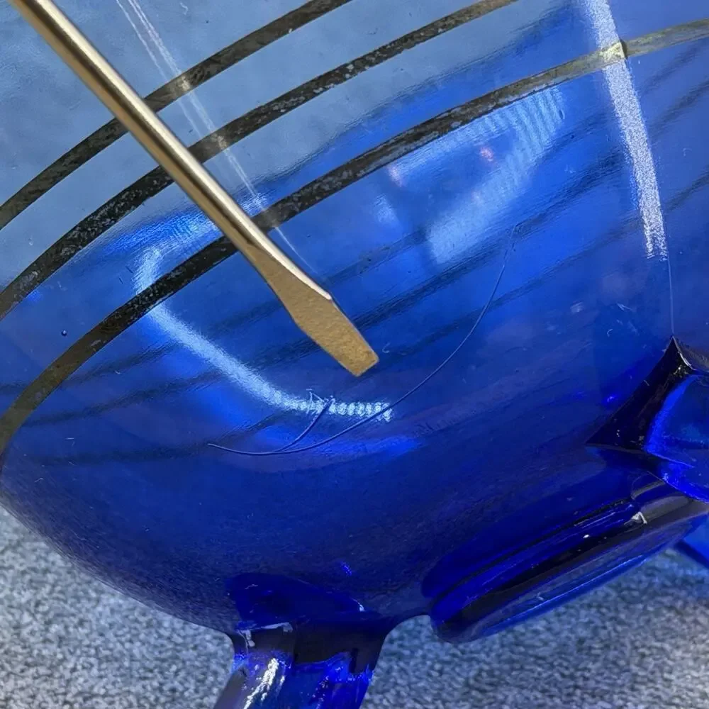 VTG Cobalt Blue Glass Candy Dish Bowl Mt Pleasant 3 Black Stripes 3 Toed READ